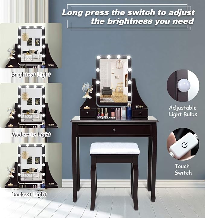 CHARMAID Vanity Set with Lighted Mirror, Makeup Table with 10 LED Dimmable Bulbs, 3 Drawers, 2 Dividers, Modern Bedroom Dressing Table Vanity Desk with Stool for Women Girls (Espresso)