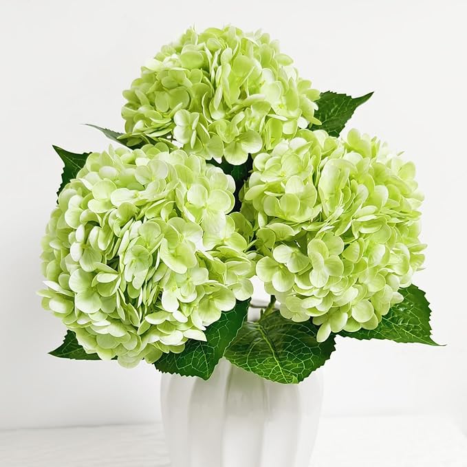 Real Touch Green Hydrangea Artificial Flowers with Stems, Fake Silk Flowers for Outdoors, 3 Pcs Artificial Flowers for Home Decor Wedding Bouquets Centerpieces Vase