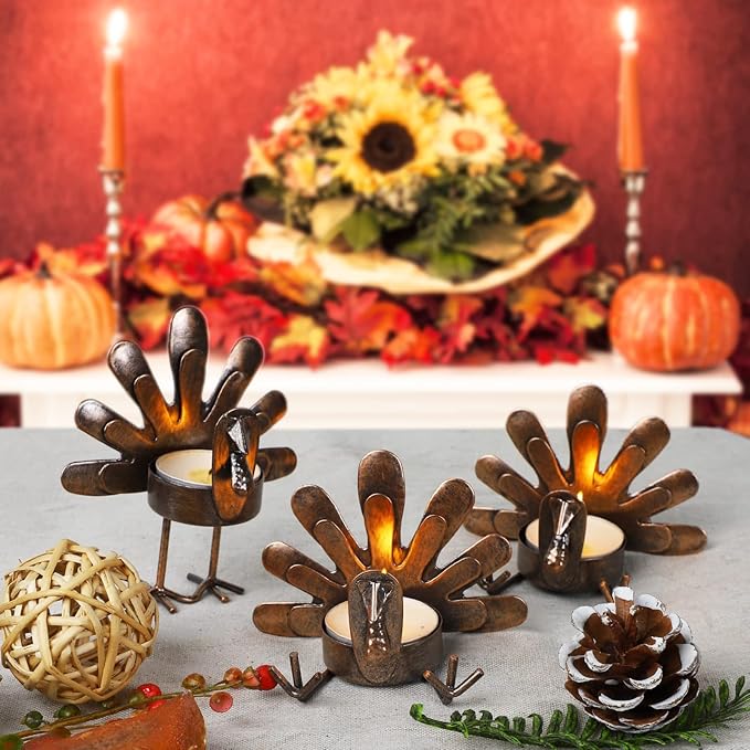 MorTime 12 Pack Turkey Tealight Candle Holders, Bronze Finished Metal Tea Light Candleholders, Thanksgiving Sitting Standing Turkey Holders Set for Table Kitchen Thanksgiving Decorations