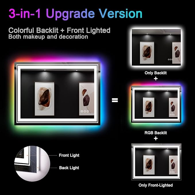 LED Mirror for Bathroom, 60"X28" with 8 RGB Backlit +3 Front Lit (Adjustable Individually), Anti-Fog, Large Lighted Bathroom Vanity Mirror for Wall,Shatterproof,Memory Function,Tempered Glass