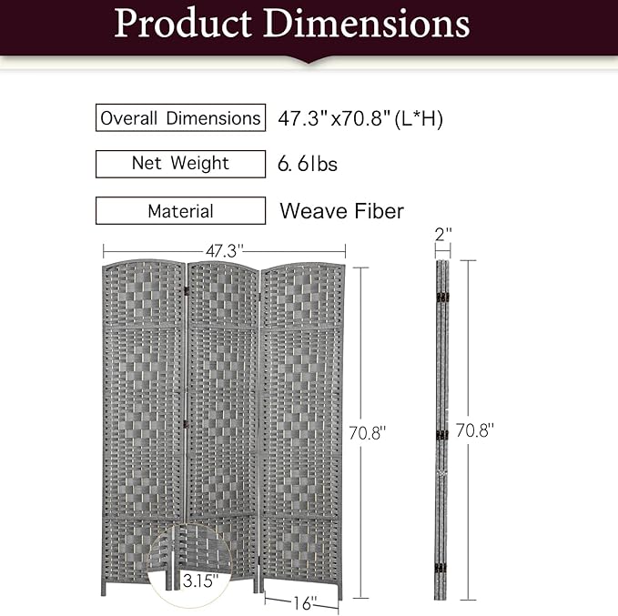Rose Home Fashion 6 ft Tall Room Divider, Room Dividers and Folding Privacy Screens, 15.7in Privacy Screen 3 Panel Partition Temporary Wall Separation for Private, Grey