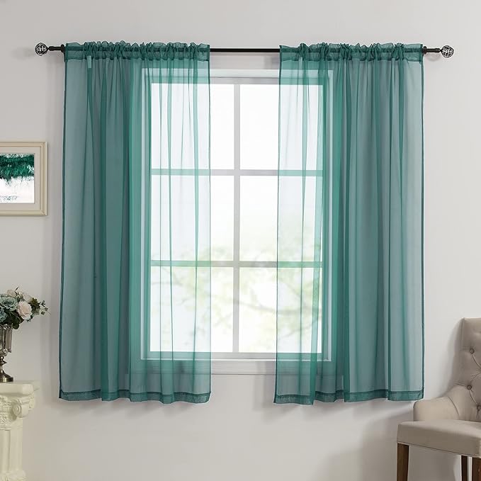 HUTO Dark Teal Green Sheer Curtains 54 inches Long for Bedroom Top Rod Pocket Sheer Window Panels Curtains for Nursery Living Room 52 by 54 Inch Length Set of 2