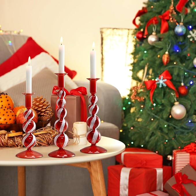 Mumufy 3 Pcs Red and White Christmas Glass Candlestick Holders Christmas Ball Glass Taper Candle Holder Stick Decor for Xmas Holiday Wedding Home Table Centerpiece