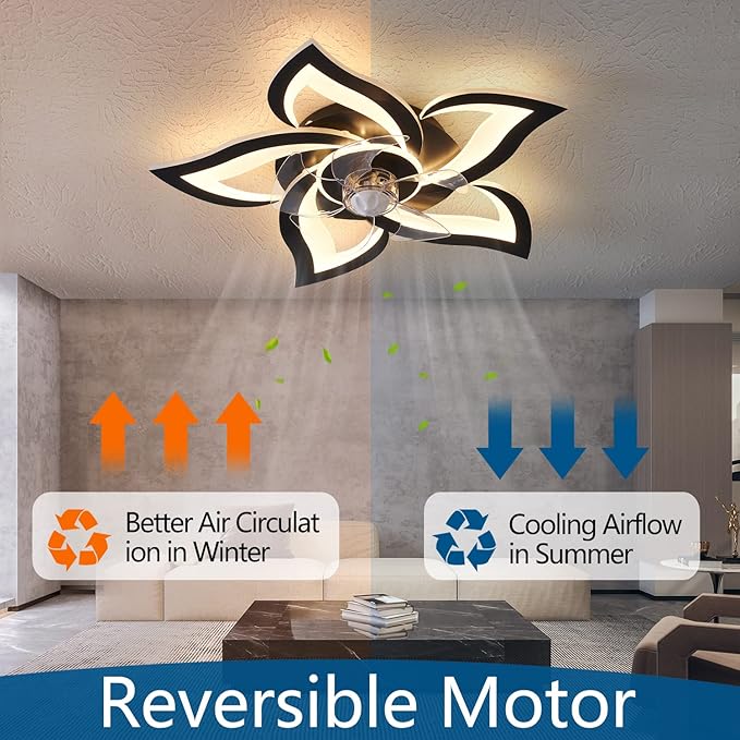 Ceiling Fan with Lights Remote Control, 24" Black, 6 Speeds 3 Light Color Low Profile Flush Mount Ceiling Fan for Kitchen Bedroom