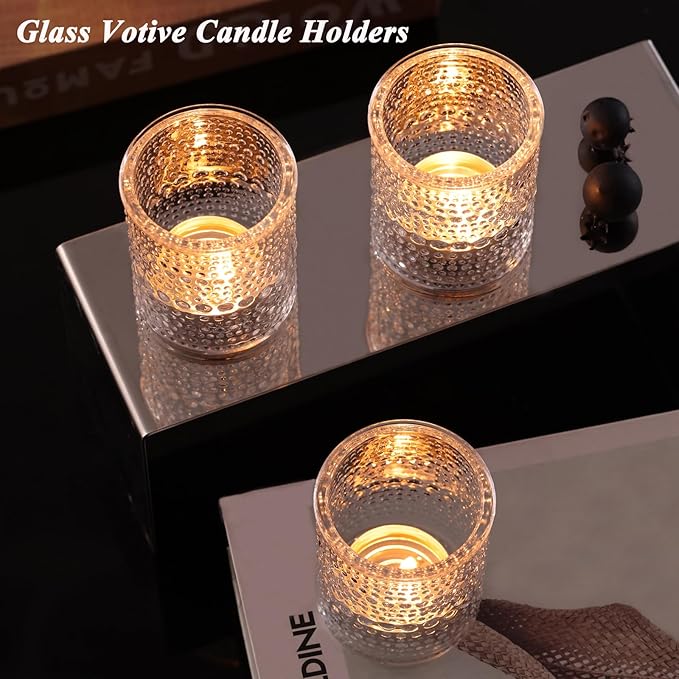 15Pcs Glass Votive Candle Holders, Clear Tea Light Candle Holders Vintage Tealight Candle Holder Bulk for Autumn, Thanksgiving Table Centerpieces, Christmas Decor (Clear)