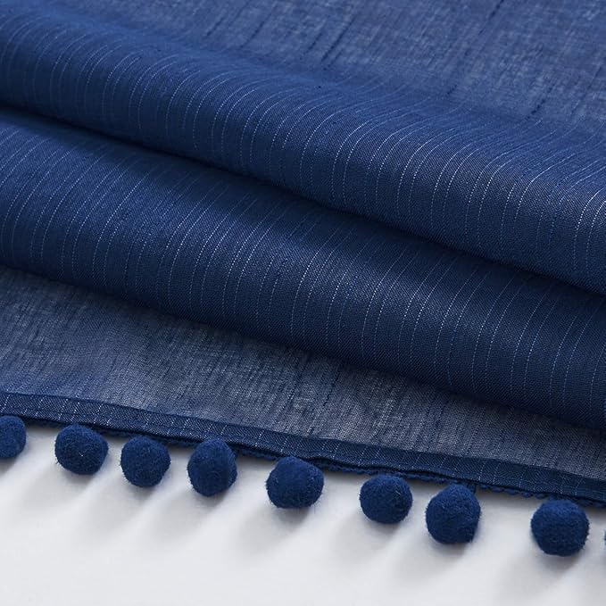 Treatmentex Pompom Sheer Window Curtains for Boy's Bedroom Guest Room Navy Blue Slub Textured Sheer Drapes for Window Office 108" Length, 52" w x 2 Pack Rod Pocket