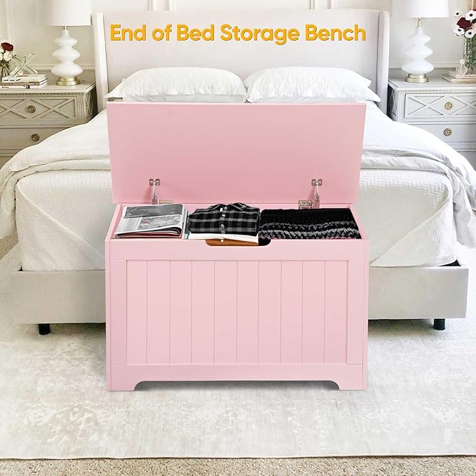 Wooden Storage Chest Box with Flip-top Lid & Safety Hinge, Living Room Organizer, Bedroom Bench with 100L Storing Area, Pink