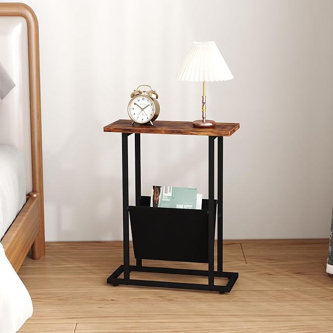 Yusong Narrow Side Table for Small Spaces, Small End Table Set of 2 with Magazine Holder, Skinny Slim Little Thin Table for Living Room, Bedroom, Sofa, Rustic Brown