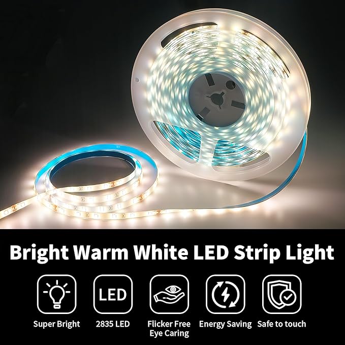 iNextStation 32.8ft/10M Warm White LED Strip Light, 24V 2835 SMD 600 LEDs Flexible Cuttable Waterproof LED Tape Light for Bedroom Kitchen Cabinet Wardrobe TV (Power Adapter not Included)