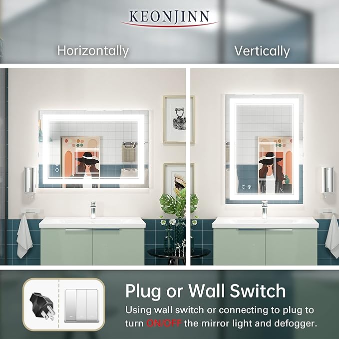 Keonjinn LED Mirror for Bathoom 20 x 28 Inch, Bathroom Mirror with Front Lights, Shatter-Proof Tempered Glass, UL-Listed LED Driver, Anti-Fog, Dimmale 6000K, Easy Installation(Horizontal/Vertical)