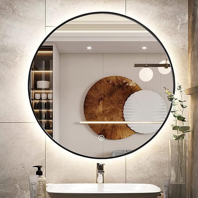 32" LED Backlit Bathroom Vanity Mirror, Wall Mounted Round Makeup Shaving Mirror with 45° Beveled Metal Frame Design, HD Waterproof&Explosion-Proof Smart Mirror, Memory Function, Black