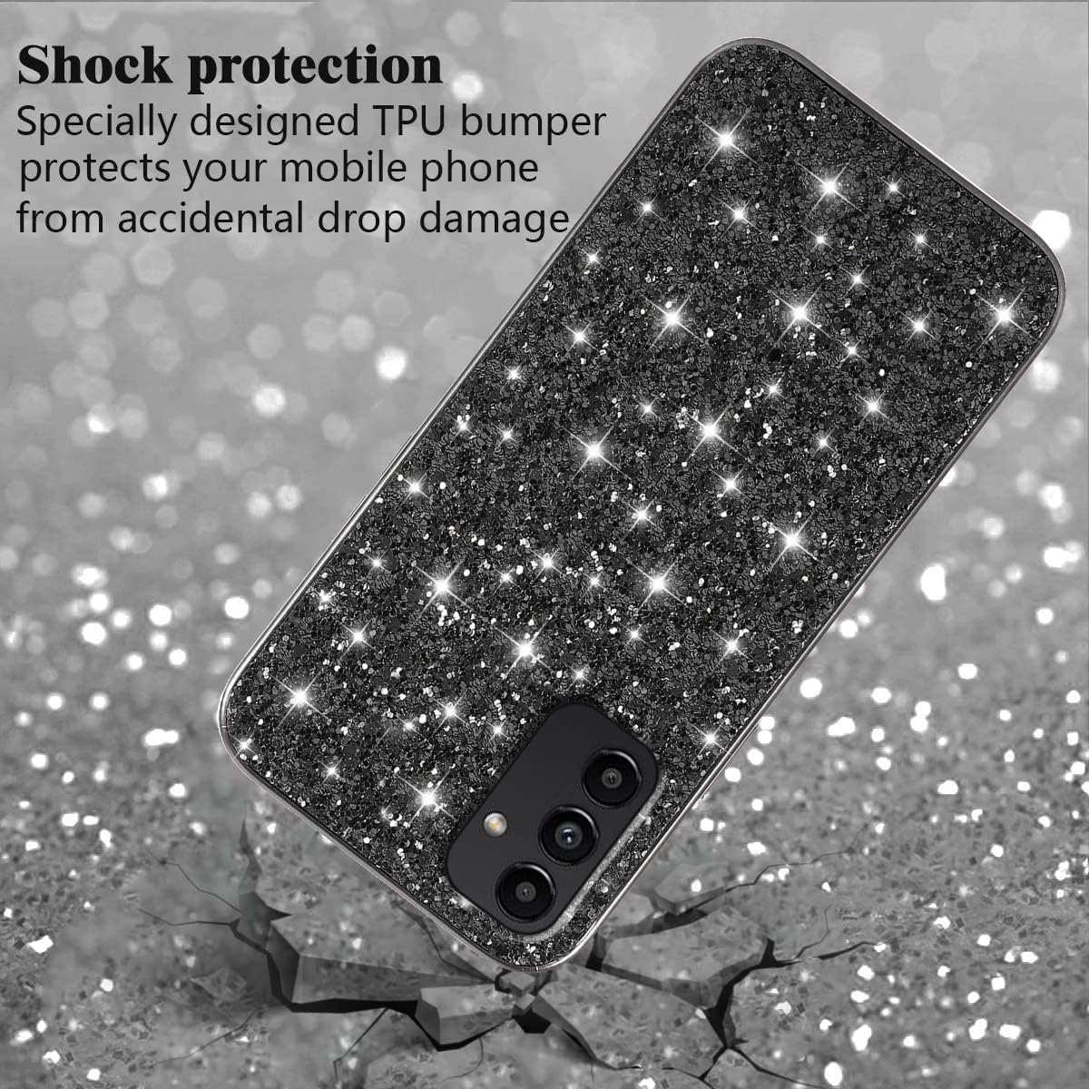 Samsung A15 Case, Glitter Shockproof Cover, Bling Sparkly TPU and PC Silicone Thin Protective for Women Girls, Black
