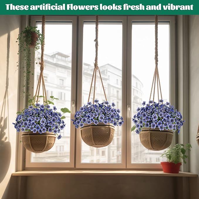 Lnoicy 12 Pcs Artificial Flowers for Outdoor,Plastic Flowers Decoration, UV Resistant Faux Flowers Shrubs, Artificial Plants for Indoor Outside Garden Home Wedding Farmhouse(Blue)