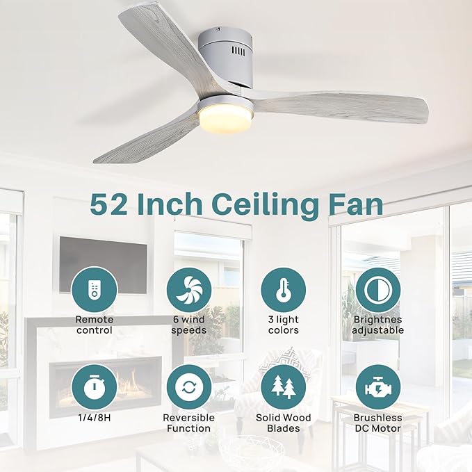 Sofucor 52 Inch Smart Ceiling Fans with Lights-Flush Mount Low Profile Modern Outdoor Solid Wood Ceiling Fans with Alexa/Google Assistant/APP/Remote Control for Bedroom/Farmhouse/Patio, Silver Grey
