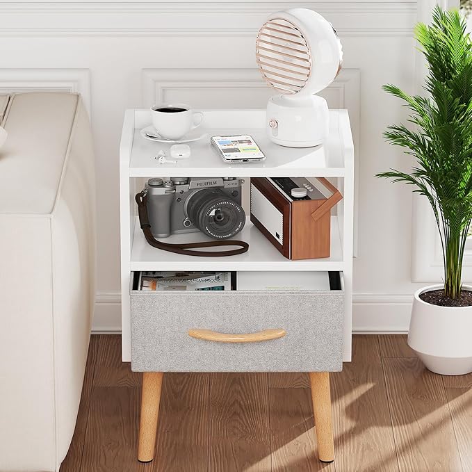 LUCKNOCK White Night Stand with Drawer, Mid Century Modern Bedside Table, Sturdy Wood Nightstand with Open Storage Shelf, Small Bedside Table for Bedroom, Kids Room & Small Spaces.