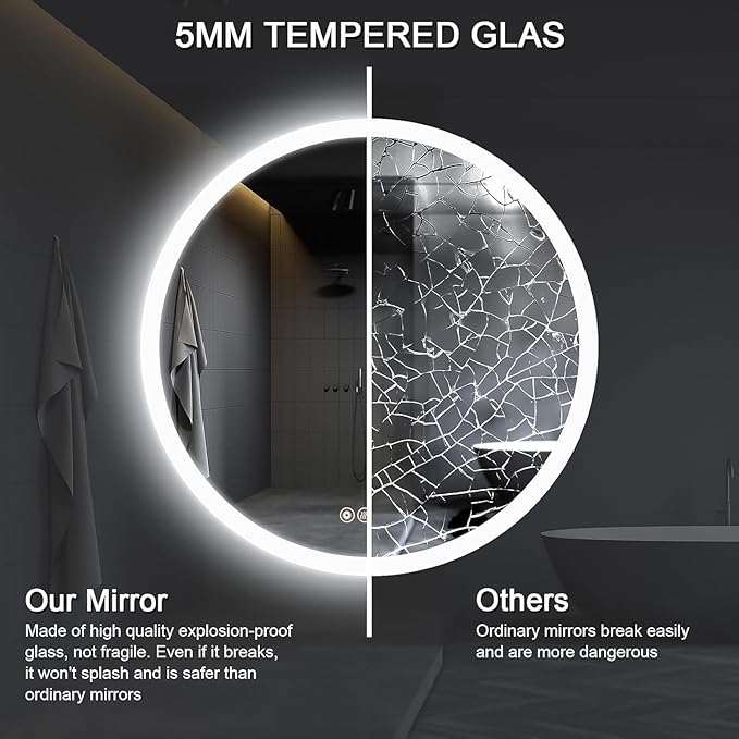 Wall-Mounted LED Round Bathroom Mirror, Makeup Mirror (24 inches x 24 inches,) 3 Color Stepless Dimmable Memory Bathroom Vanity Mirror with Lights CRI90+ 3000-6400K Smart Mirror with Touch