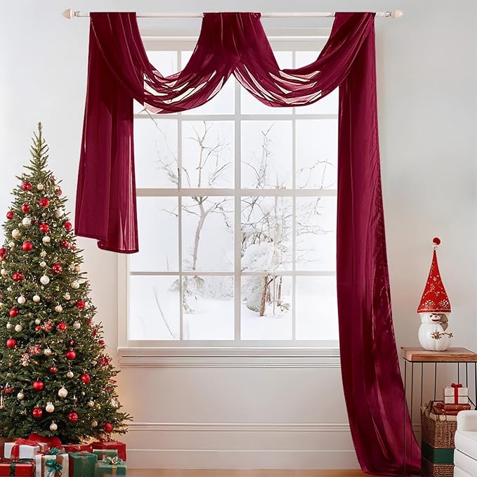 MIULEE Christmas Luxury Window Scarf Sheer Voile Elegant Topper Long Window Valance Solid Window Treatment Swags Drapes for Window Ceremony Wedding Canopy Bed 54" x 216" Maroon Red 1 Piece