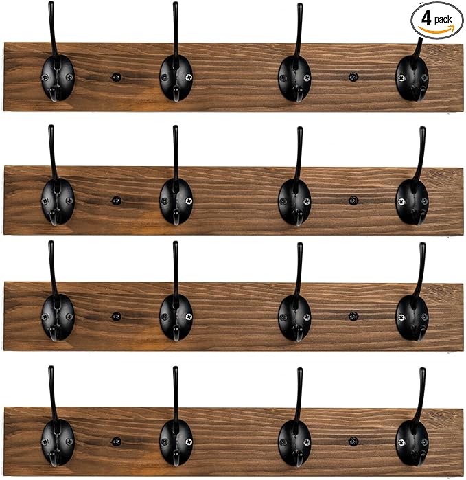 Coat Hooks Wall Mounted, Wooden Hat Rack with 4 Hooks for Entryway, Bathroom,Bedroom(4 Pack,Brown)