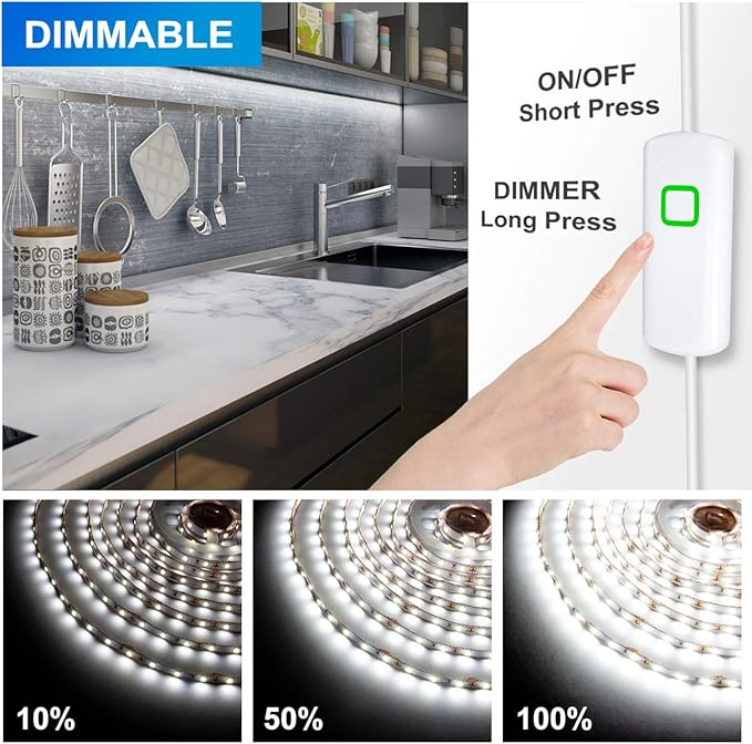 MYPLUS 50FT White LED Strip Lights, Dimmable LED Tape Light 6500K Bright Daylight White, Flexible Under Cabinet Lights with 900 LEDs and UL Listed Safety Power Supply for Room,Kitchen and décor