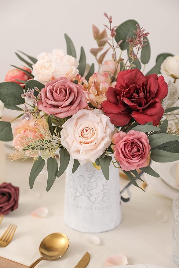 Artificial Flowers Combo Box Set Burgundy Pink Fake Flower Leaf Box with Stems for DIY Wedding Bouquets Centerpieces Arch Arrangement Baby Shower Party Home Decorations