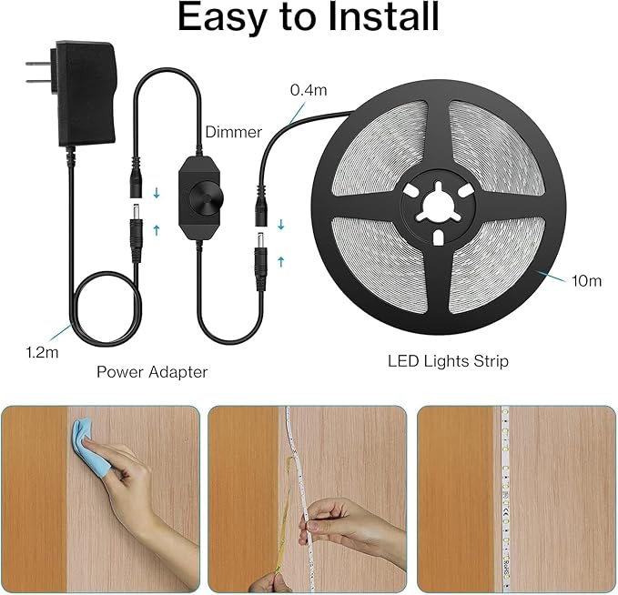 Olafus 32.8ft LED Strip Lights Warm White, Dimmable Soft White Light Strip 3000K with Adhesive Clips, 12V 10M Flexible Led Lights for Bedroom Indoor Kitchen, UL Listed Plug, 600 LEDs 2835