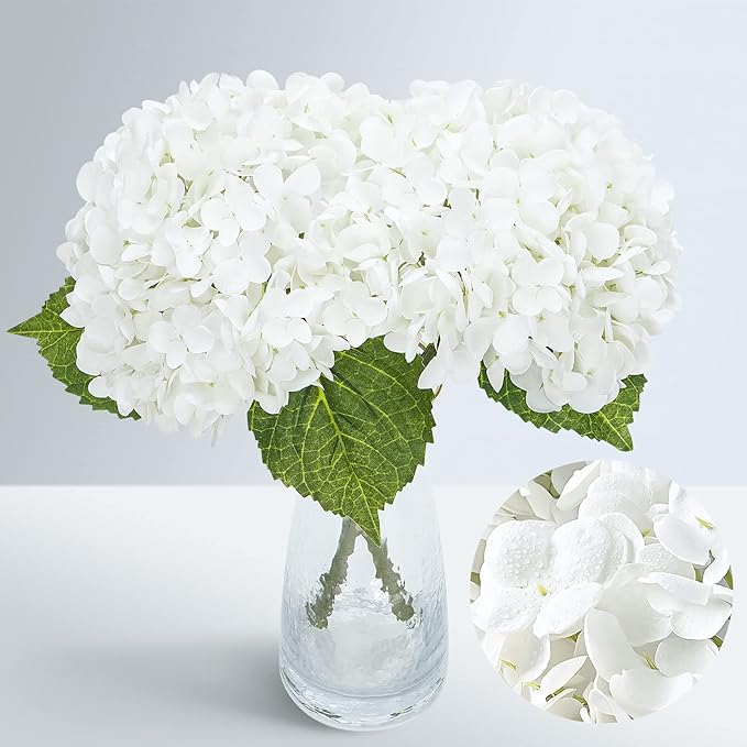 Waipfaru 21" Real Touch White Hydrangea Artificial Flowers with Long Stem & Leaves, Full Latex Faux Hydrangea Flowers for Home Party Decor Floral Arrangements Wedding Bouquets Centerpieces, 2Pcs