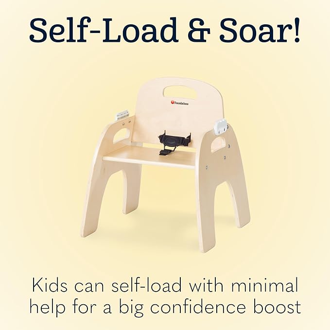 Foundations Easy Serve 13" Wood Feeding Chair for Toddlers, Adjustable Harness, Removable Dishwasher Safe Tray, “No Tip” Base, Baltic Birch Plywood