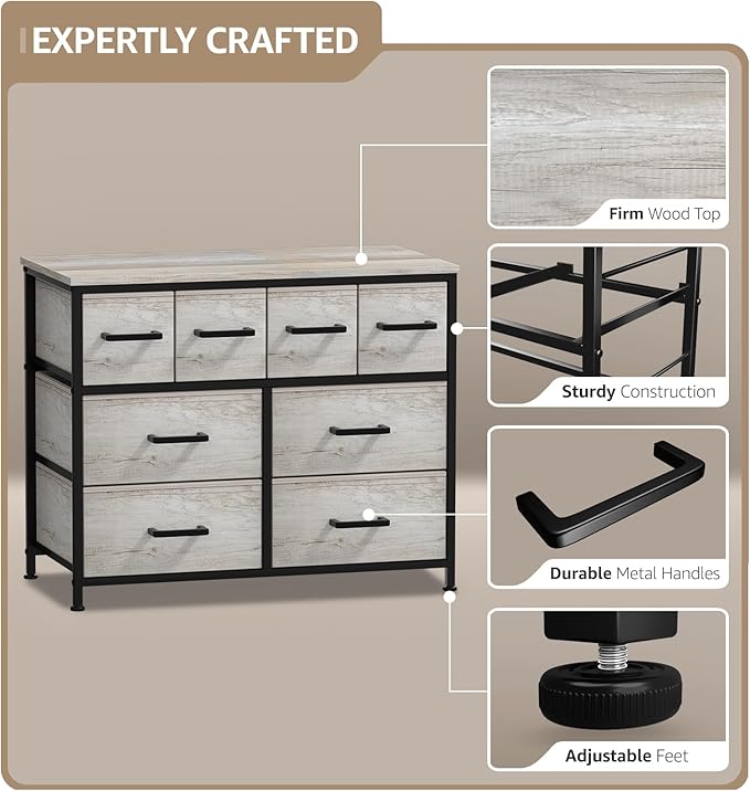 Sorbus Dresser with 8 Faux Wood Drawers - Chest Organizer Unit with Steel Frame Wood Top & Handle Easy Pull Fabric Bins for Clothes - Large Storage Furniture for Bedroom Hallway, Living Room & Closet