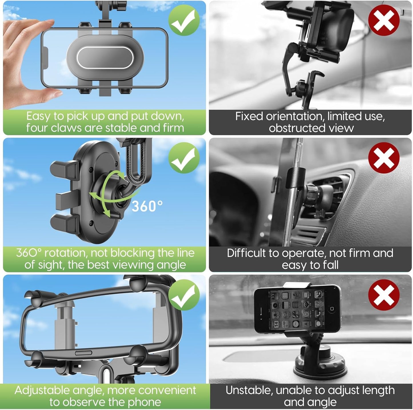 Rear View Mirror Phone Holder For Car - Multifunctional 360 Rotatable Holder with Retractable Curved Handle for All