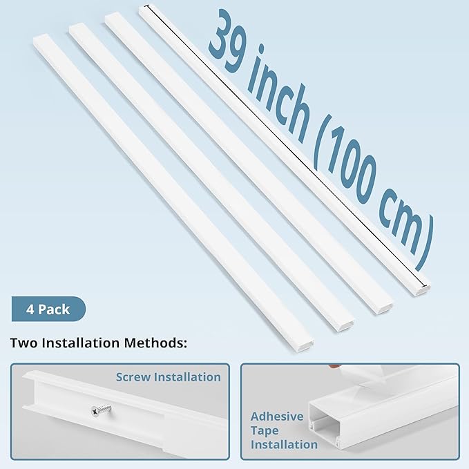 Cord Covers for Wires on Wall Extra-Long, 13.12ft TV Cord Hider Kit, Paintable Cable Management Concealer, TV Wire Hider for Wall, White Cable Raceway Channel, 4 x L39in x W0.95in x H0.55in
