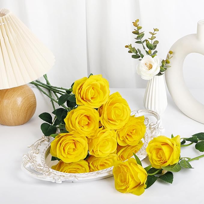 Ouddy Decor 20 Pcs Fake Yellow Roses Artificial Silk Flowers with Long Stems for Valentines Day Decor Wedding Home Party Table Centerpieces Bridal Bouquet DIY Floral Arrangment