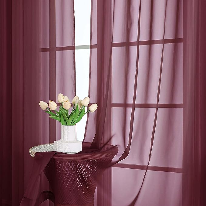 OWENIE Burgundy Sheer Curtains 120 Inches Long 2 Panels Set, Airy Lightweight Sheer Burgundy Curtains for Living Room Bedroom, Farmhouse Filmy Rod Pocket Drapes, 2 Pcs, Each 59" Wx120 L Inch