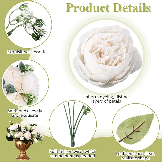 Hoteam 24 Bundles Artificial Peonies Flowers Wedding Faux Flowers Silk Peony Bouquet Bulk Bride Fake Florals Arrangements for Table Centerpieces Wedding Party Vase Decor (White)