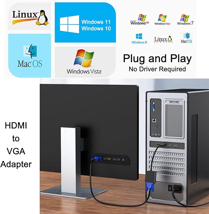DTECH HDMI to VGA Adapter Cable for Computer Monitor PC TV 1080P HD Video (Male HDMI Input to VGA Output Female Connector)