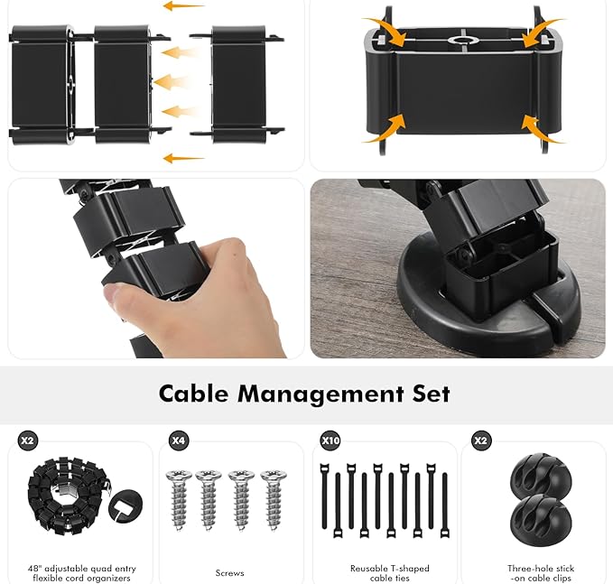 Yaomiao 2 Pack Under Desk Vertebrae Cable Management Kit Standing Desk 48 Inch Adjustable Quad Entry Flexible Cord Organizer with Ties, Stick-on Clips Cable Management Set for Home User Office Worker