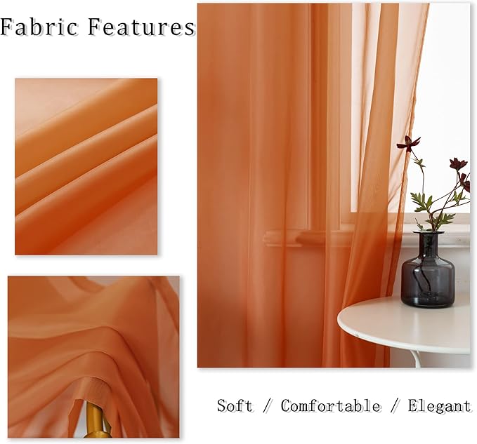 DUALIFE 54 Inch Length Sheer Curtains Burnt Orange for Bathroom 2 Panels Set Grommet Small Transparent Short Curtains for Bedroom Kitchen 52x54 Inches Long Terracotta Rust