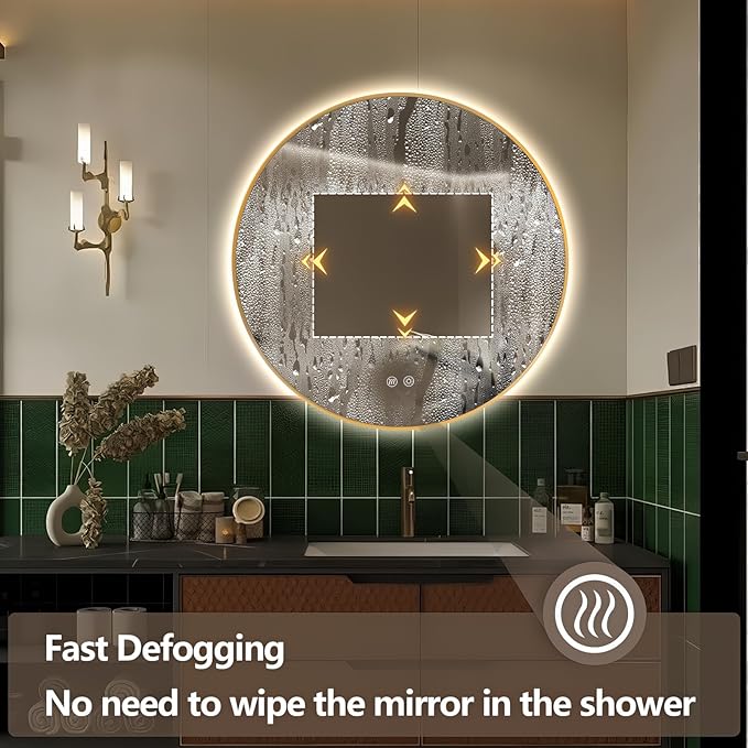 Niccy Round Led Mirror for Bathroom, 30" Backlit Mirror for Wall Circle Lighted Mirror with Gold Frame Anti-Fog, 3 Colors, HD Glass and IP65 Waterproof