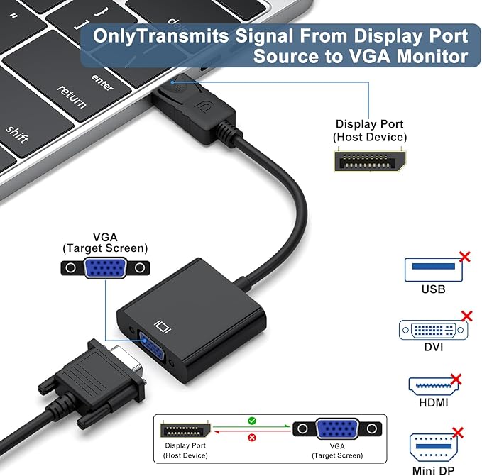 Wanme Displayport (DP) to VGA Adapter, Gold Plated DP Male to VGA Female Converter Compatible with Computer, Desktop, Laptop, PC, Monitor, Projector, HDTV (Black)