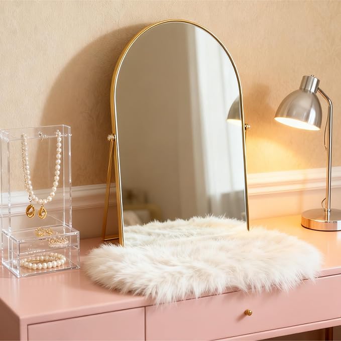 Golden Metal Mirror Vanity Table Desk Arch Makeup Bathroom Mirror Rotation Framed Standing Mirrors 90°Adjustable Room Decor for Living Room,Bedroom,Tabletop