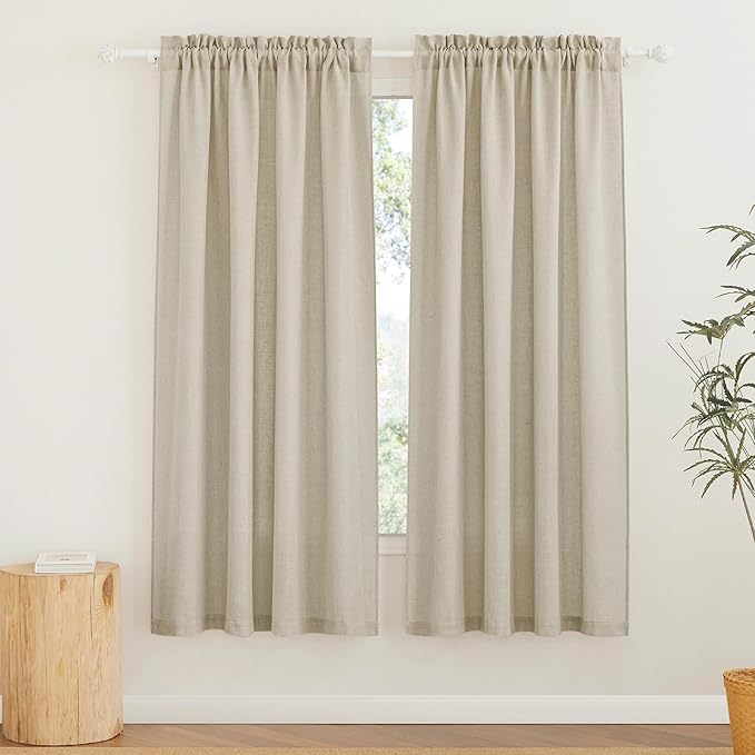 RYB HOME Semi Sheer Curtains - Linen Textured Sheer Privacy Curtains Light Filtering Semitransparent Rod Pocket Drapes for Bedroom Living Room Dining Window Decor, Beige, 52 x 72 inches, 2 Pcs