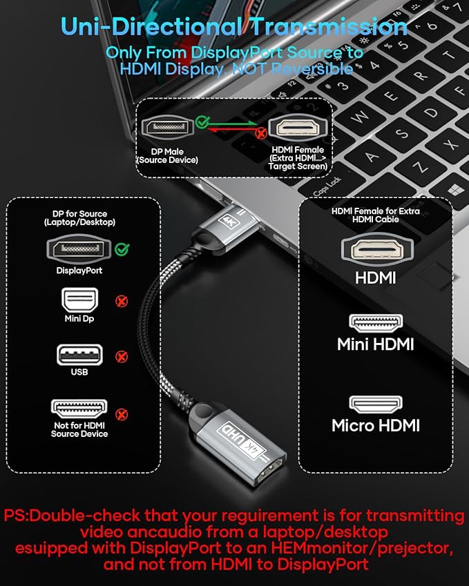 4K DisplayPort to HDMI Adapter, Unidirectional DP (Display Port) Male to HDMI Female Converter Compatible with Lenovo, HP, Dell, AMD, NVIDIA, More Passive