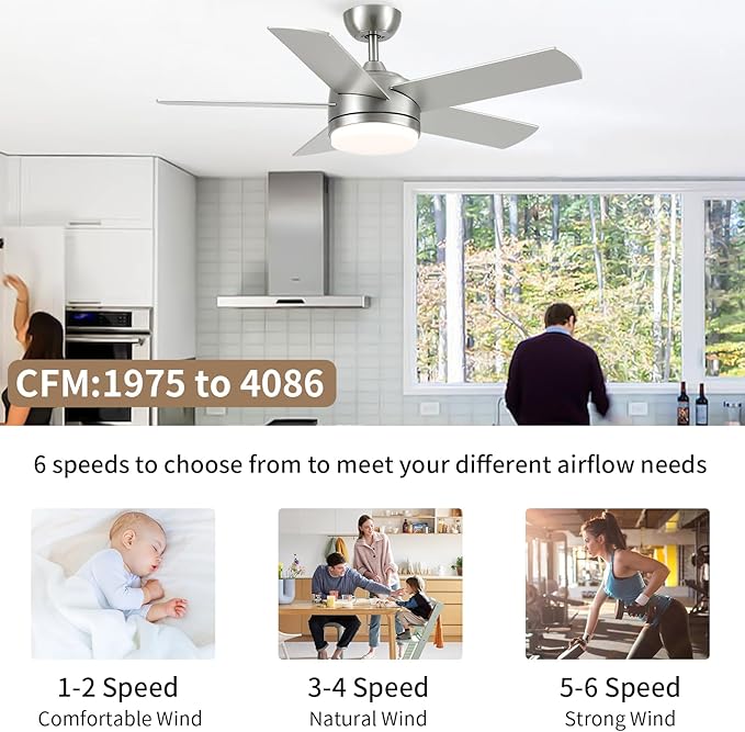 YUHAO 44 Inch Brushed Nickel Ceiling Fan with Light and Remote Control.Noiseless,Dimmable,3CCT,6 Speeds Reversible, DC Ceiling Fans for Indoor or Covered Outdoor