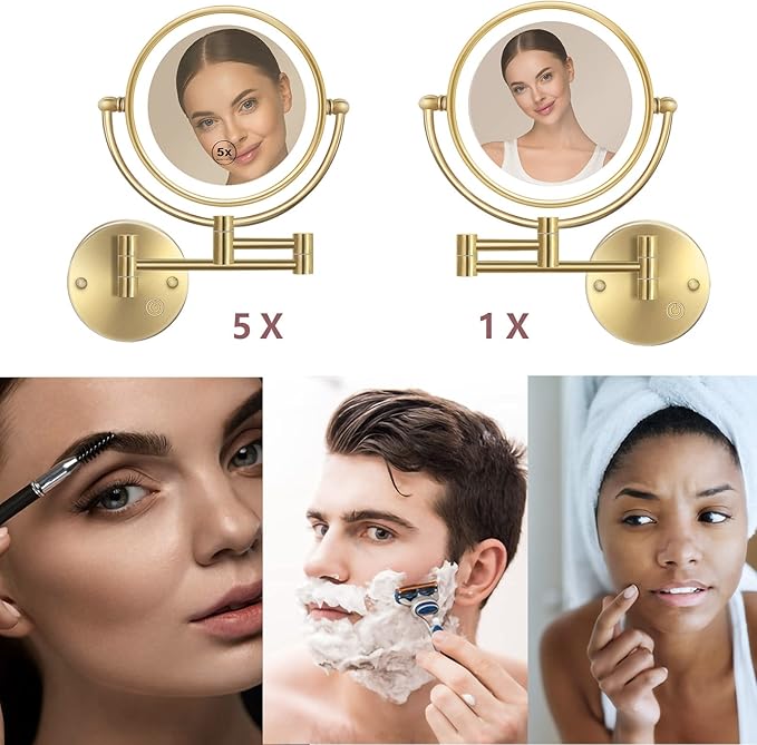 Lighted Makeup Mirror Wall Mounted Gold, Double Sided 1/5X Magnifying Mirror Wall Mount with Light, 360 Swivel Cosmetic Mirror for Bathroom, Brass Brushed Gold, Hardwired
