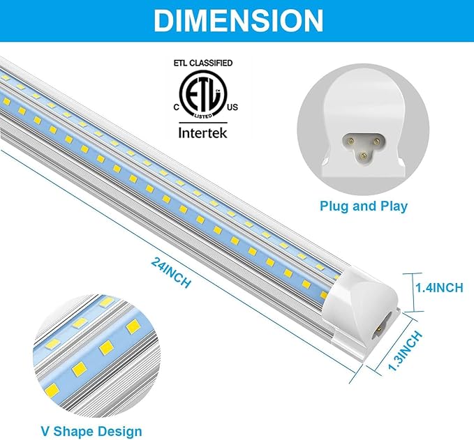 CNSUNWAY LED Shop Lights 2FT, (6 Pack) 20W High-Efficiency Under Cabinet Lighting (6500K Cool White), V-Shaped Linkable T8 Tube Light Fixtures – Shop Light for Workbench, Kitchen, Workshop, ETL Listed