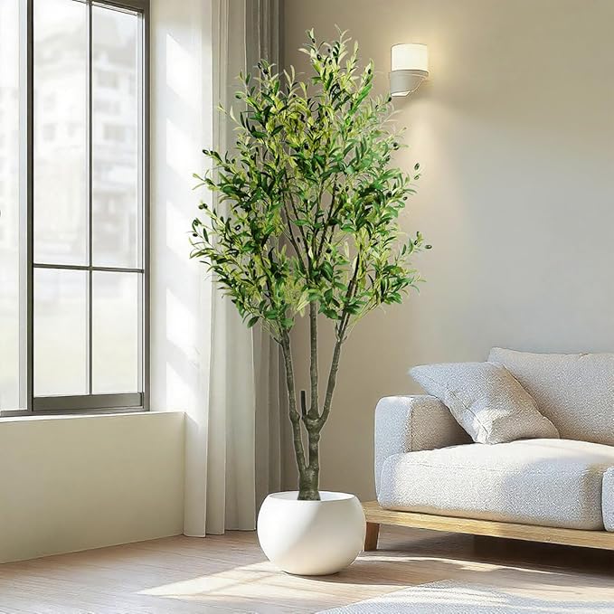 6.23ft Artificial Olive Tree, Faux Olive Tree with Lifelike Fruits, 74.8in Fake Olive Tree with Sturdy Plastic Pot, Artificial Plants for Office Home Living Room Indoor Outdoor Decor