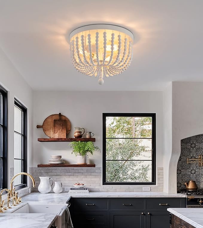 Q&S White Boho Beaded Chandeliers Flush Mount Ceiling Light,3-Lights Small Chandelier Light Fixture for Bedroom,Kitchen,Dining Room,Living Room,Stairway Gazebo
