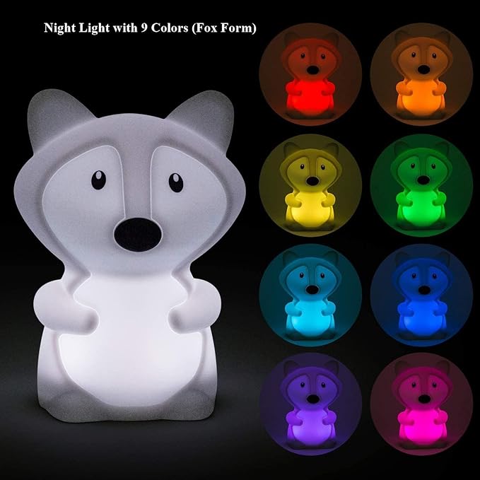 Animal-Shaped Night Light, Rechargeable LED Soft Silicone (BPA Free) Bedside Lamp for Children/Adults, Adjustable Brightness and 9 Colors by Touch Control & Remote Control (Big Fox)