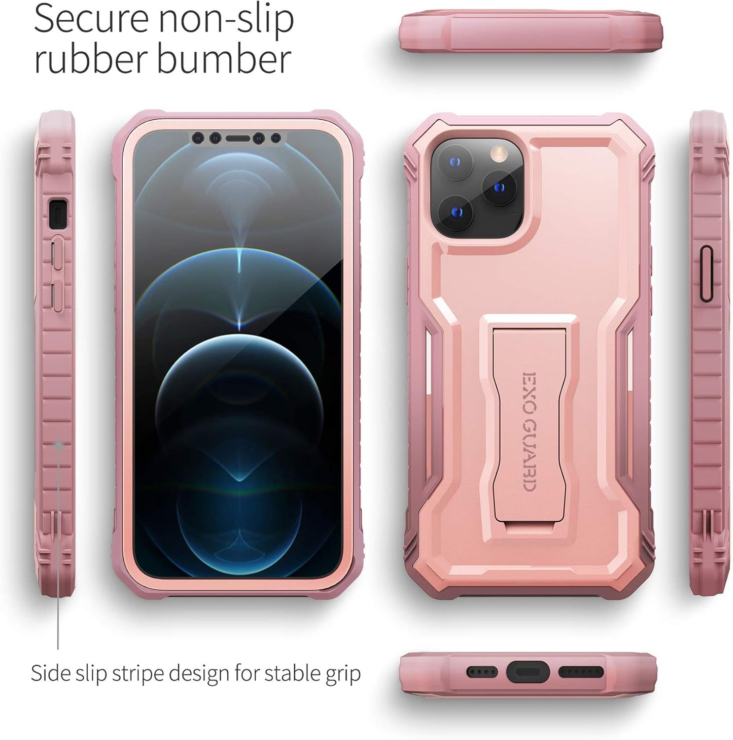 ExoGuard Pink iPhone 12 Case, Compatible with iPhone 12 Pro, Rubber Shockproof Full-Body Cover with Kickstand
