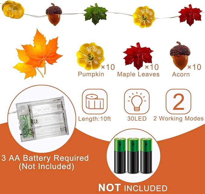 TURNMEON Thanksgiving Decorations 30LED/10Ft 3D Pumpkin Lights Thanksgiving Decor for Home, 3 in 1 Battery Powered Fall Lights Pumpkin Decor, Fall Garland Autumn Indoor Outdoor Halloween Christmas