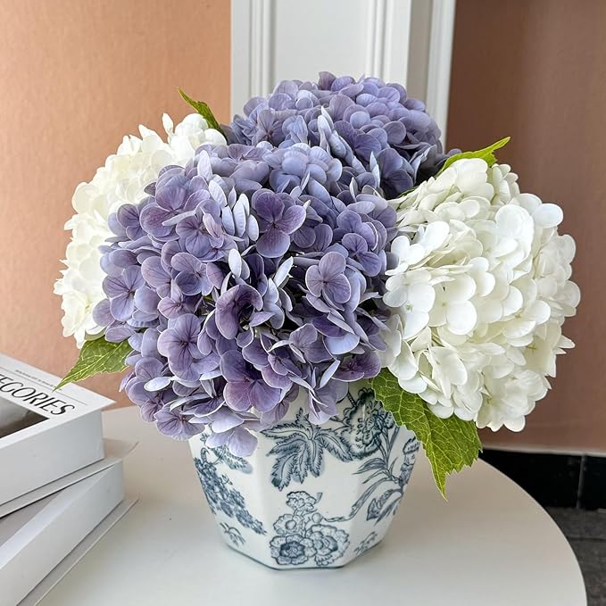YalzoneMet 4 Pcs Hydrangea Artificial Flower Lifelike 21'' Long Stem Latex Real Touch Hydrangea for Xmas Home Party Kitchen Thanksgiving Table Centerpiec Christmas Decor 2 White + 2 Purple